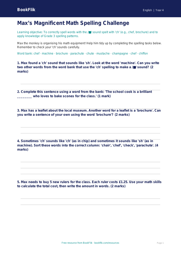 Free Spelling Worksheet | Grade 3 | ELA | BookFlik worksheet preview — English Spelling