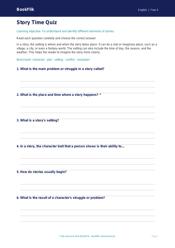 Free Stories Quiz | Grade 3 | ELA | BookFlik worksheet preview — English Stories