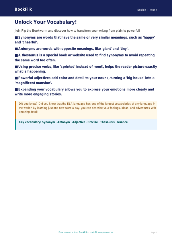 Free Vocabulary Poster | Grade 3 | ELA | BookFlik worksheet preview — English Vocabulary