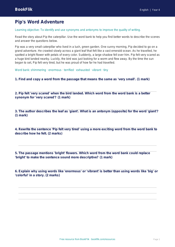 Free Vocabulary Track Sheet | Grade 3 | ELA | BookFlik worksheet preview — English Vocabulary