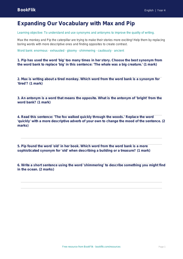 Free Vocabulary Worksheet | Grade 3 | ELA | BookFlik worksheet preview — English Vocabulary