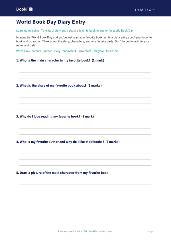 Free World Book Day Template | Grade 3 | ELA | BookFlik worksheet preview — English World Book Day
