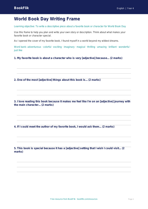 Free World Book Day Writing Frame | Grade 3 | ELA | BookFlik worksheet preview — English World Book Day