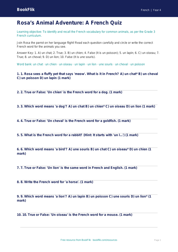 Free Animals Quiz for Grade 3 Students | BookFlik worksheet preview — French Animals