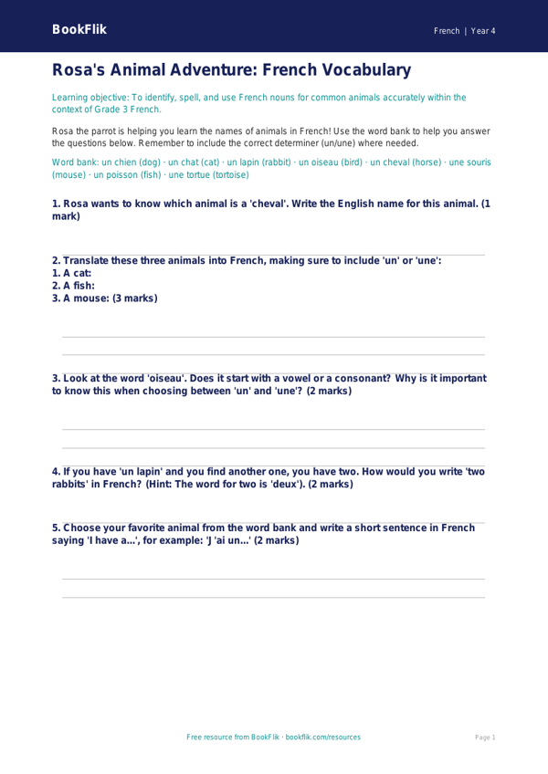 Free Animals Worksheet | Grade 3 | French | BookFlik worksheet preview — French Animals