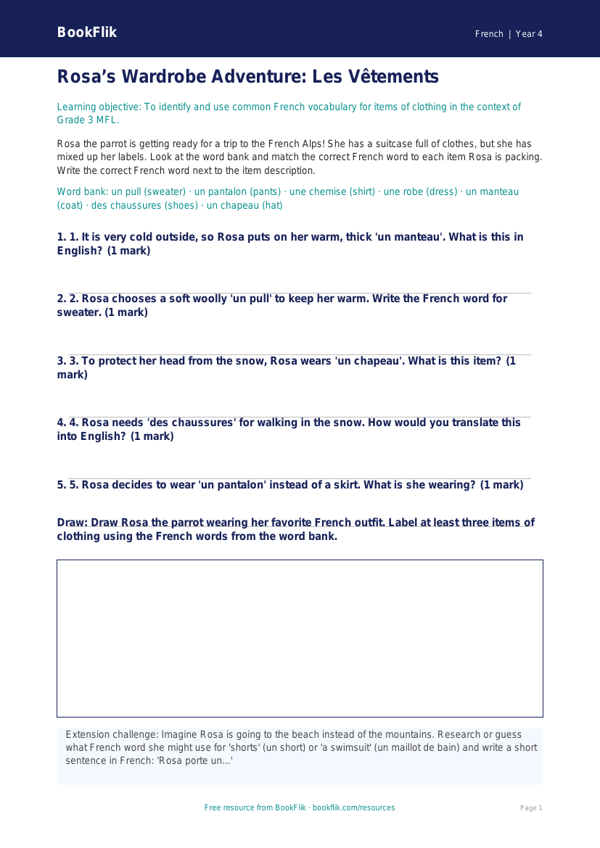 Free Clothes Activity Sheet | Grade 3 | French | BookFlik worksheet preview — French Clothes