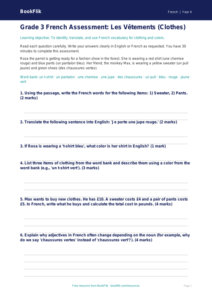 Free Clothes Assessment | Grade 3 | French | BookFlik