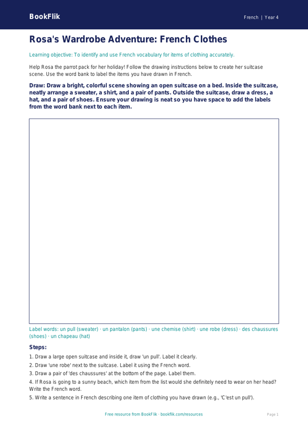 Free Clothes Drawing Sheet | Grade 3 | French | BookFlik worksheet preview — French Clothes