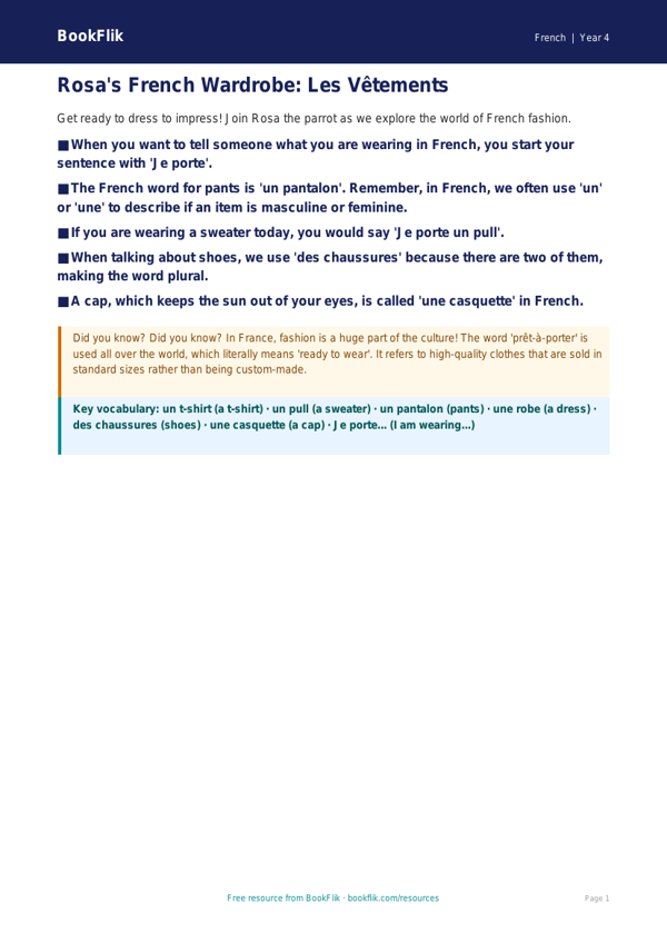 Free Clothes Poster | Grade 3 | French | BookFlik worksheet preview — French Clothes