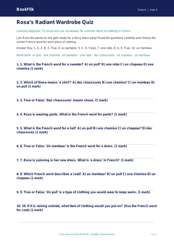 Free Clothes Quiz for Grade 3 | Learn French with BookFlik worksheet preview — French Clothes