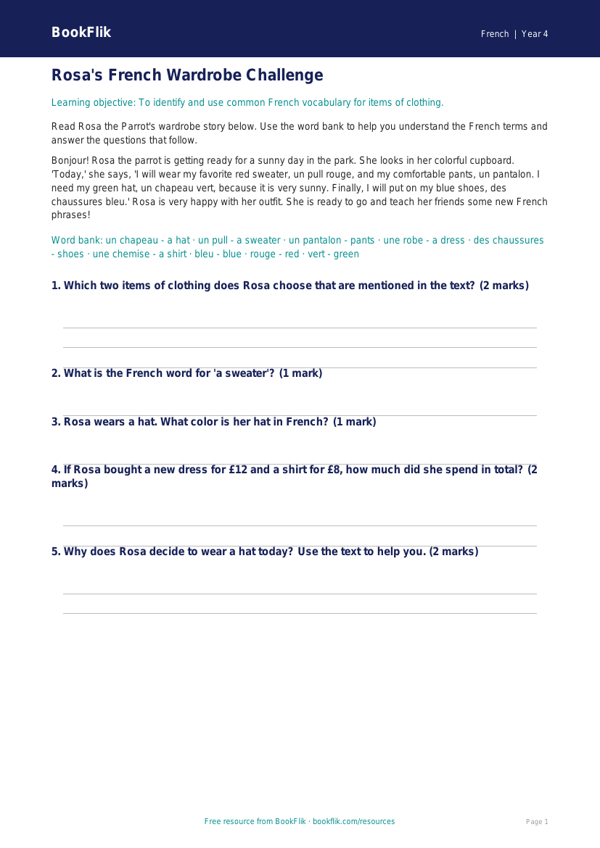 Free Clothes Track Sheet | Grade 3 | French | BookFlik worksheet preview — French Clothes