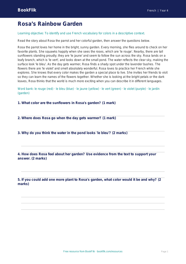 French Colours Comprehension Worksheet | Grade 3 | BookFlik worksheet preview — French Colours