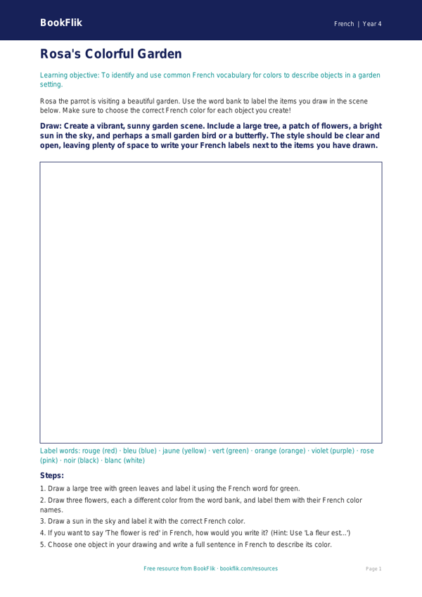 Free Colours Drawing Sheet | Grade 3 | French | BookFlik worksheet preview — French Colours