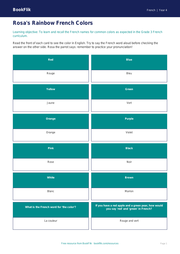 Free Colours Flashcards for Grade 3 Students | BookFlik worksheet preview — French Colours