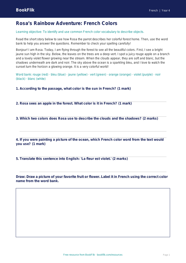 Free Colours Track Sheet for Grade 3 French Lessons | BookFlik worksheet preview — French Colours