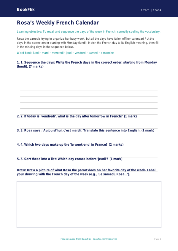 Learn Days of the Week in French with BookFlik | Grade 3 Activity worksheet preview — French Days Of The Week