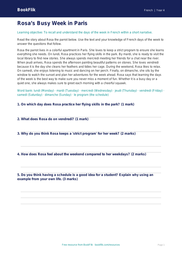 Free Days of the Week Comprehension for Grade 3 Students | BookFlik worksheet preview — French Days Of The Week