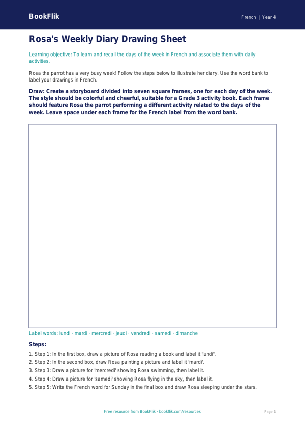 Free Days of the Week Drawing Sheet for Grade 3 Students | BookFlik worksheet preview — French Days Of The Week