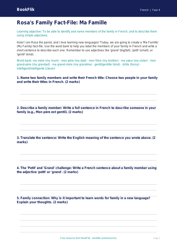 Free Family Template for Grade 3 Students | BookFlik worksheet preview — French Family