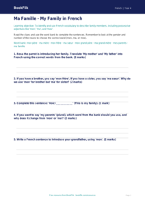 Free Family Worksheet | Grade 3 | French | BookFlik