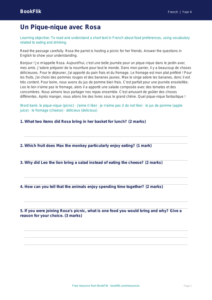 Free Food Comprehension | Grade 3 | French | BookFlik