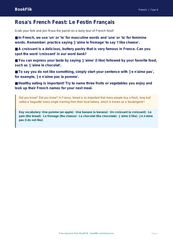 Free Food Poster | Grade 3 | French | BookFlik worksheet preview — French Food