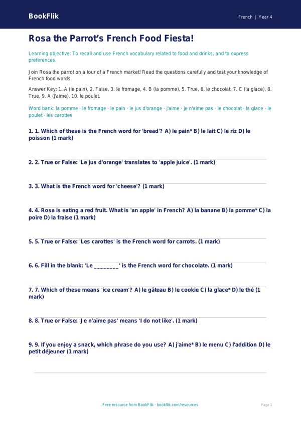 Free Food Quiz for Grade 3 Students | BookFlik worksheet preview — French Food