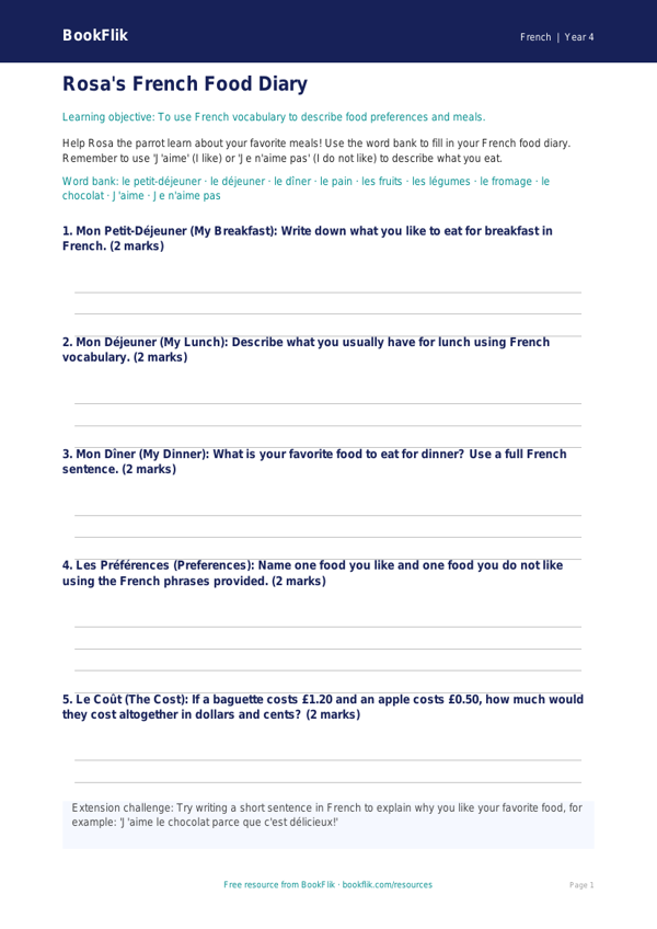 Free Food Template | Grade 3 | French | BookFlik worksheet preview — French Food