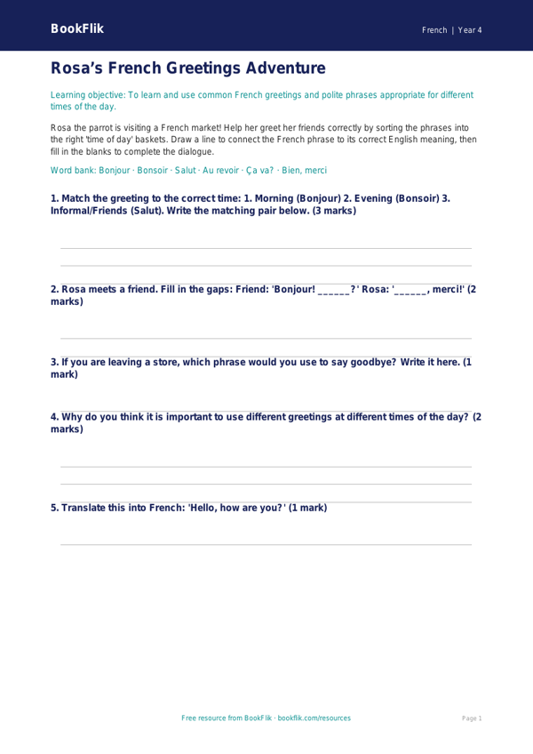 Free French Greetings Activity Sheet for Grade 3 | BookFlik worksheet preview — French Greetings
