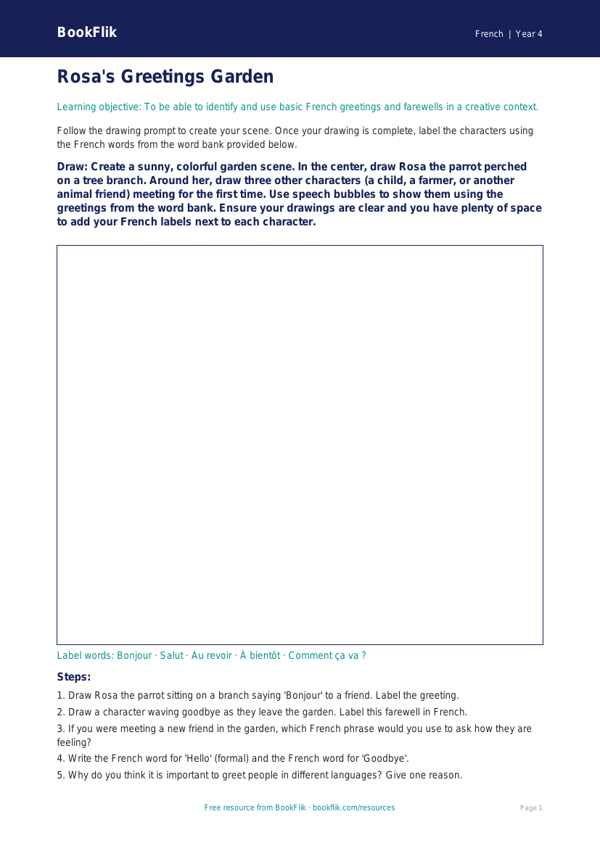 Free Greetings Drawing Sheet for Grade 3 French Learners | BookFlik worksheet preview — French Greetings