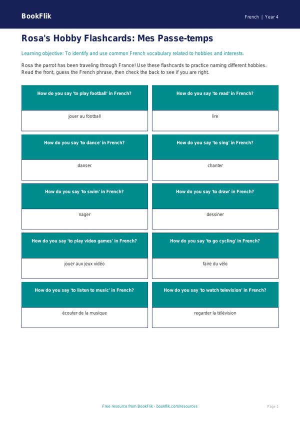 Free Hobbies Flashcards for Grade 3 Students | BookFlik worksheet preview — French Hobbies