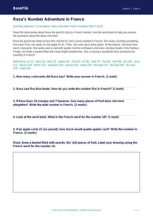 Free Numbers Track Sheet | Grade 3 | French | BookFlik worksheet preview — French Numbers