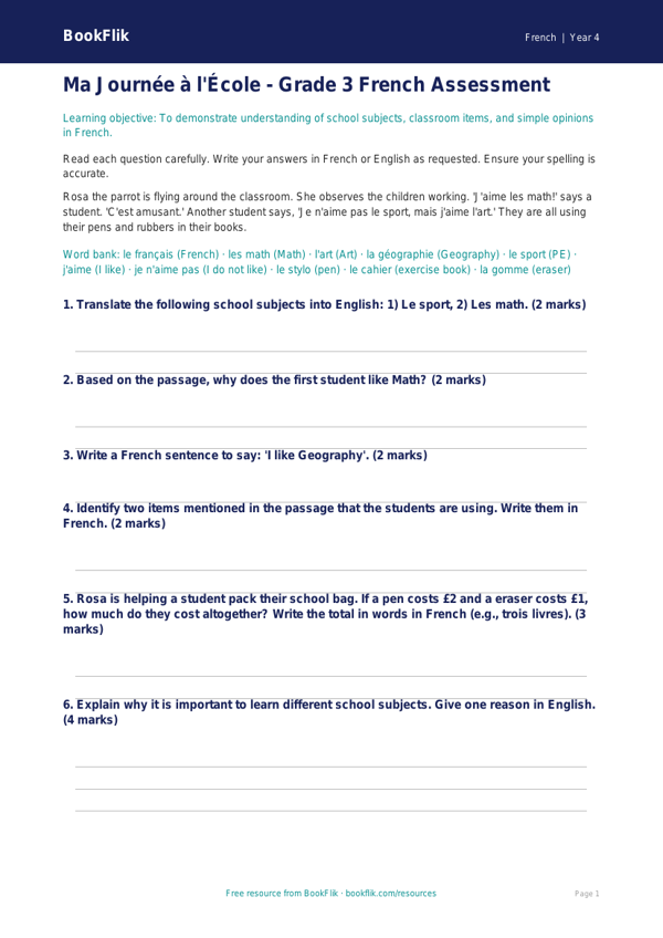 Free Grade 3 French School Assessment | BookFlik Educational Resources worksheet preview — French School