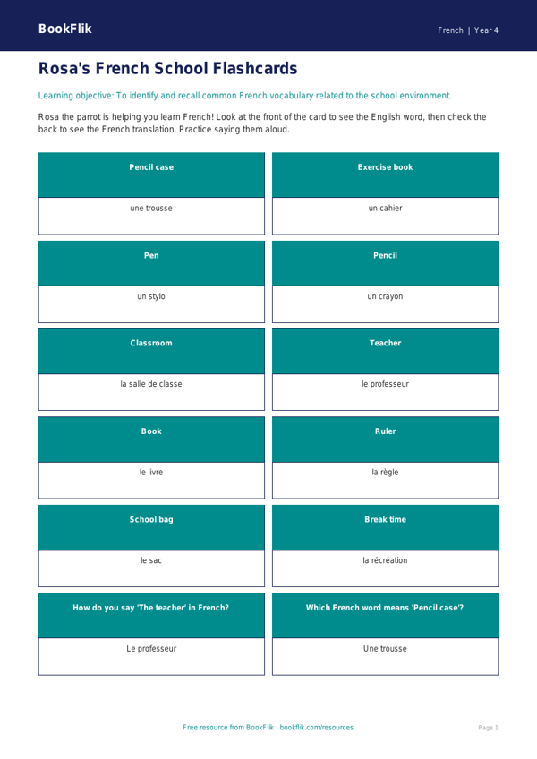 Free Grade 3 French School Flashcards for Common Core Learning | BookFlik worksheet preview — French School