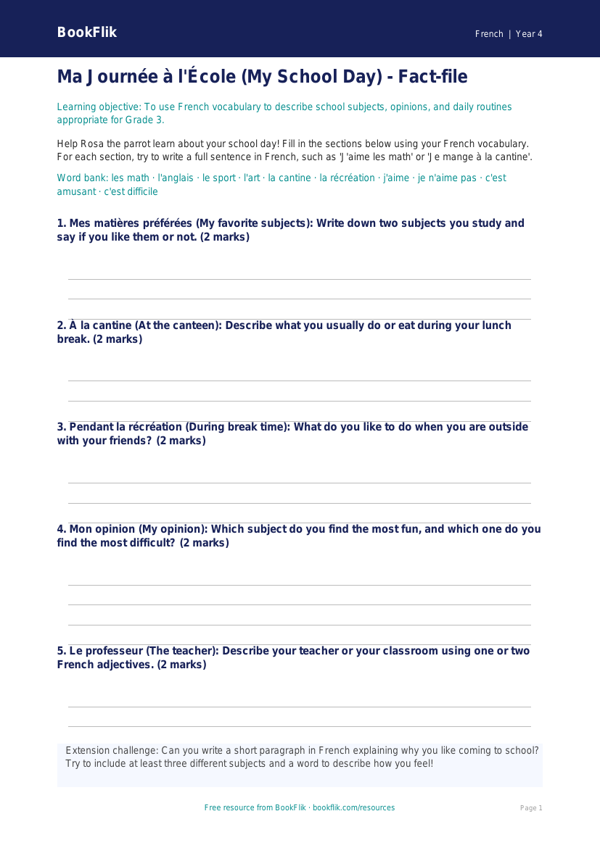 Free Grade 3 French School Template | BookFlik Educational Resources worksheet preview — French School