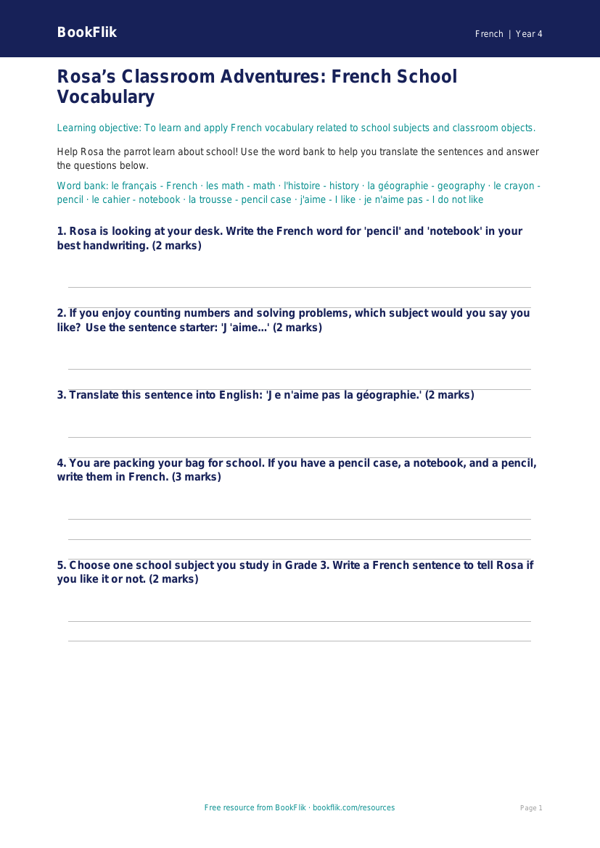 Free French School Worksheet for Grade 3 Students | BookFlik worksheet preview — French School