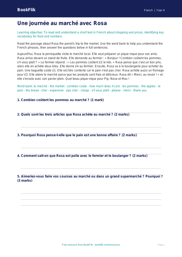 Free Shopping Comprehension | Grade 3 | French | BookFlik worksheet preview — French Shopping