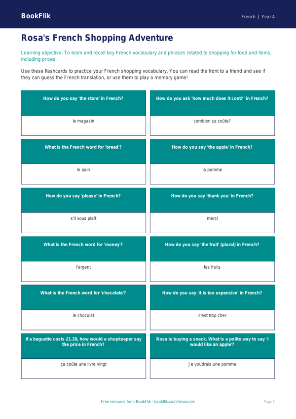 Free Shopping Flashcards for Grade 3 Students | BookFlik worksheet preview — French Shopping