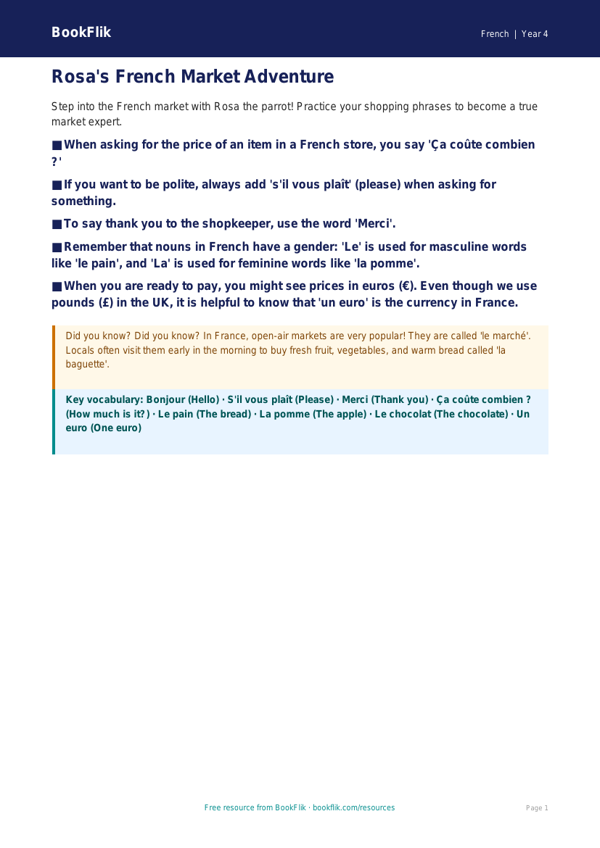Free Shopping Poster | Grade 3 French Lessons | BookFlik worksheet preview — French Shopping