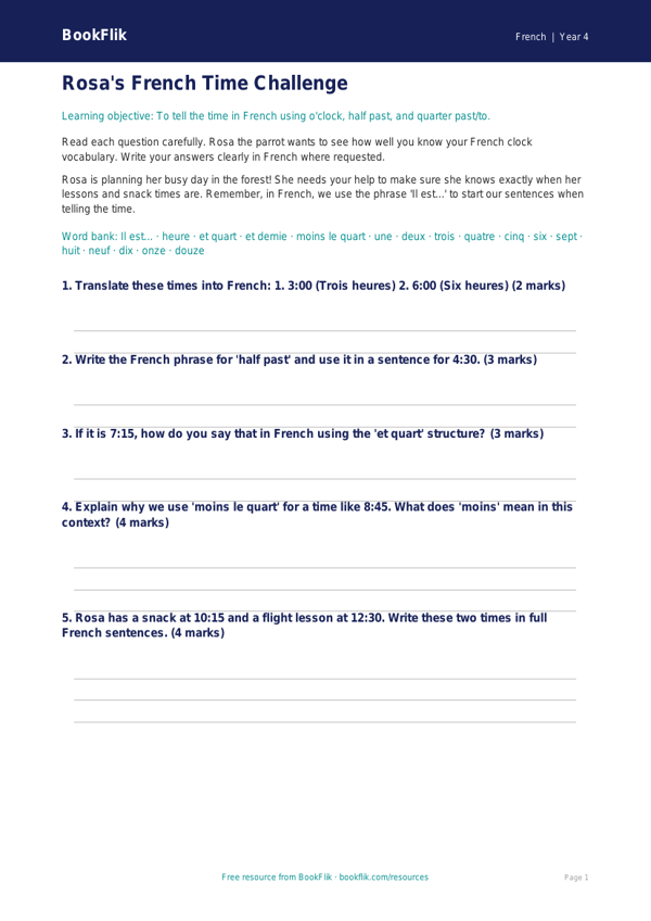 Free Telling The Time Assessment | Grade 3 | French | BookFlik worksheet preview — French Telling The Time