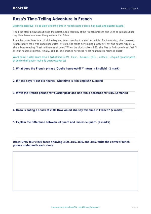 Free Telling The Time Track Sheet for Grade 3 | French | BookFlik worksheet preview — French Telling The Time