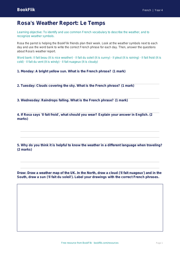 Free Weather Activity Sheet for Grade 3 - Learn French with BookFlik worksheet preview — French Weather
