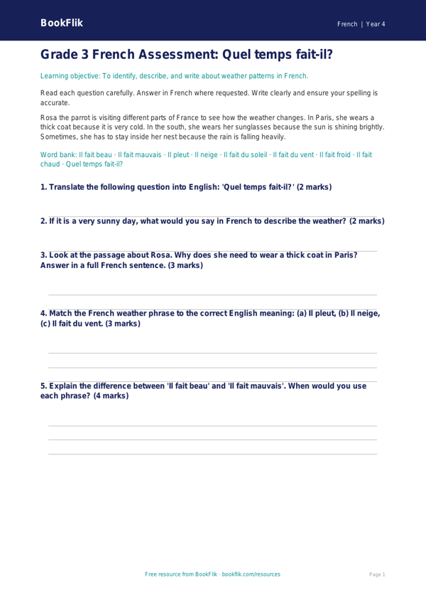 Free Weather Assessment for Grade 3 French Students | BookFlik worksheet preview — French Weather