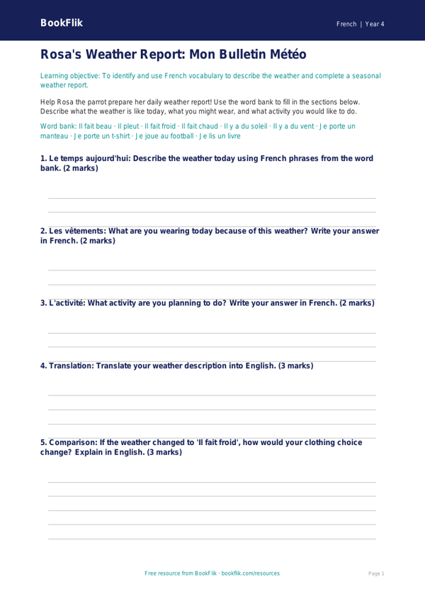 Free Weather Template for Grade 3 | French | BookFlik worksheet preview — French Weather