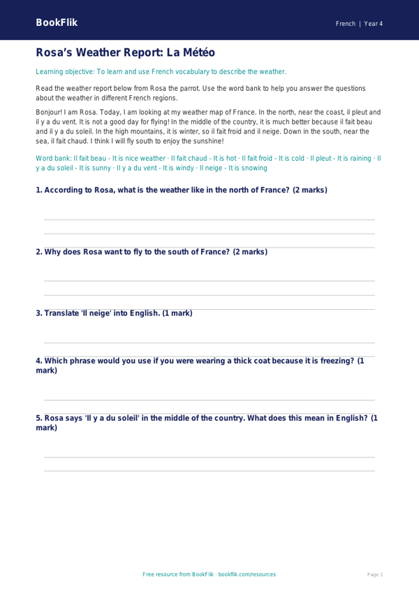 Free Weather Track Sheet | Grade 3 | French | BookFlik worksheet preview — French Weather