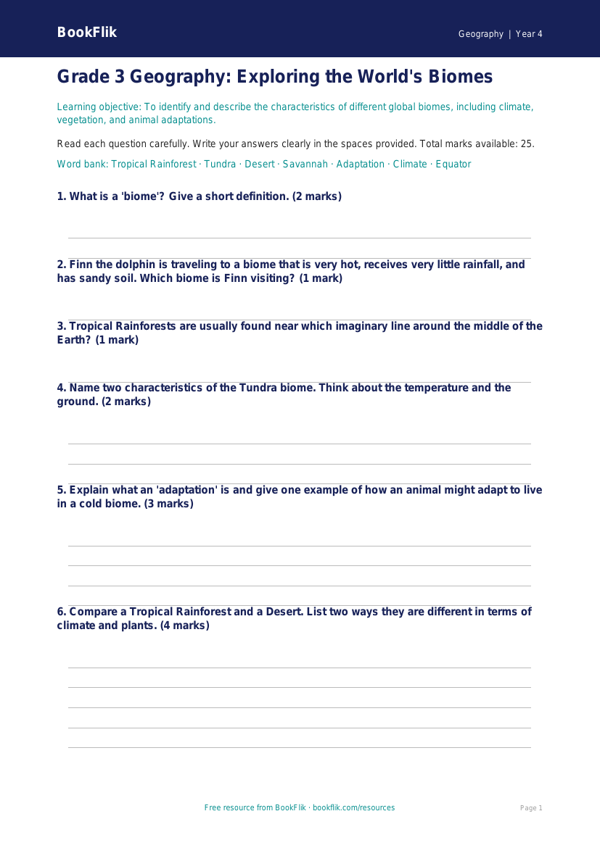 Free Biomes Assessment | Grade 3 | Geography | BookFlik worksheet preview — Geography Biomes