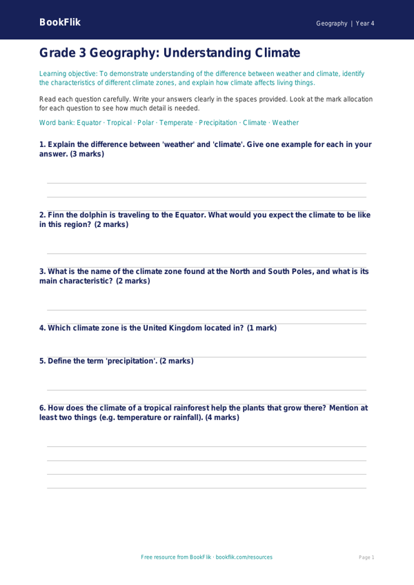 Free Climate Assessment | Grade 3 | Geography | BookFlik worksheet preview — Geography Climate