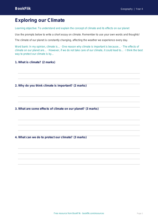Free Climate Writing Frame | Grade 3 | Geography | BookFlik worksheet preview — Geography Climate
