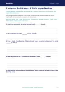 Free Continents And Oceans Activity Sheet | Grade 3 | Geography | BookFlik