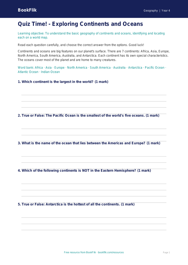 Free Continents And Oceans Quiz | Grade 3 | Geography | BookFlik worksheet preview — Geography Continents And Oceans